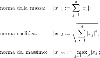  $$ \begin{array}{ll} \text{norma della massa:} & \displaystyle \|x\|_1 := \sum_{j=1}^d |x_j|; \\[5ex] \text{norma euclidea:} & \displaystyle \|x\|_2 := \sqrt{\sum_{j=1}^d |x_j|^2}; \\[5ex] \text{norma del massimo:} & \displaystyle \|x\|_\infty := \max_{j=1,\dots,d} |x_j|; \end{array} $$ 