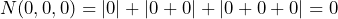 \[N(0,0,0) = |0| + |0+0| + |0+0+0| = 0\]