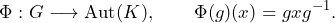 \[\Phi : G \longrightarrow \operatorname{Aut}(K), \qquad \Phi(g)(x) = gxg^{-1}.\]