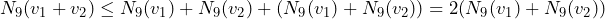 \[N_9(v_1+v_2) \le N_9(v_1)+N_9(v_2) + (N_9(v_1)+N_9(v_2)) = 2(N_9(v_1)+N_9(v_2))\]